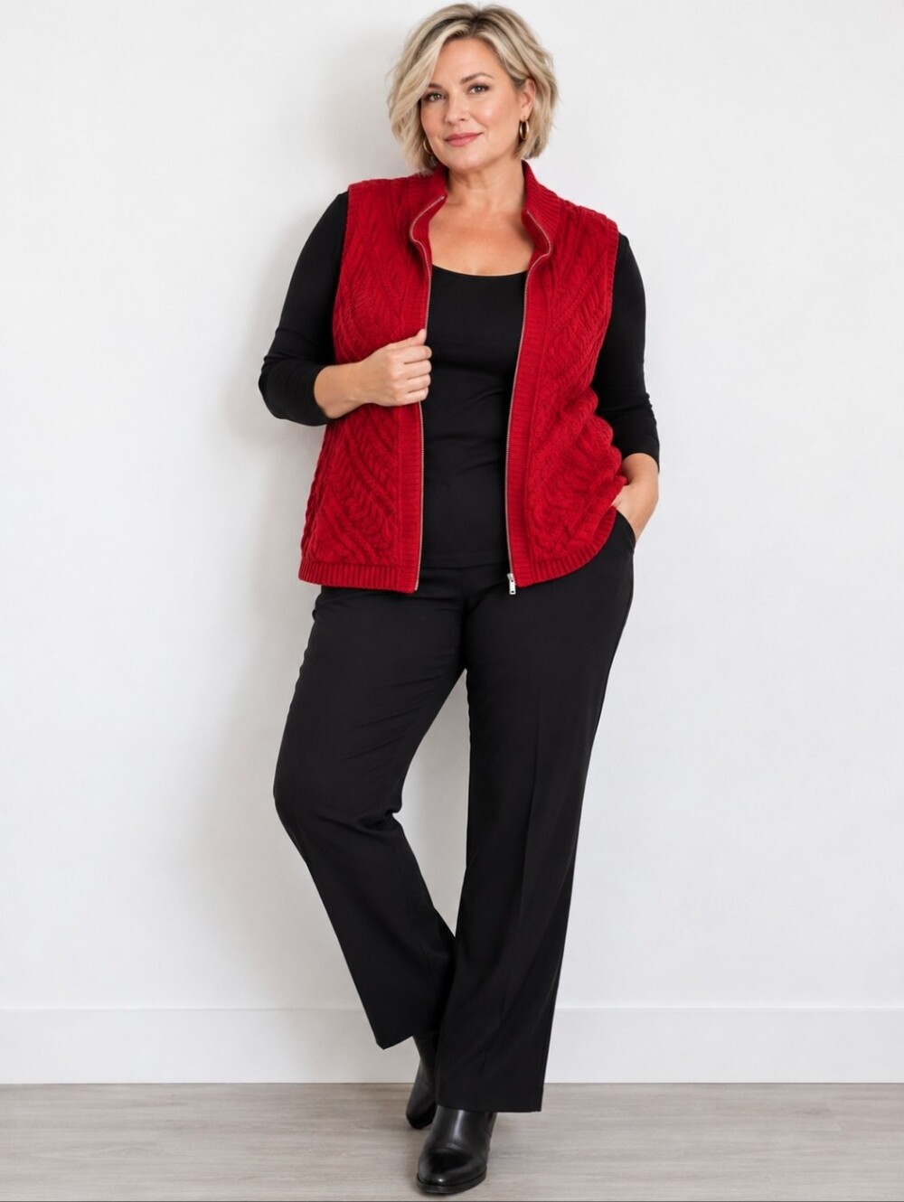 Liz Claiborne Red Cable Knit Zip Vest 1X | Lightweight Layering